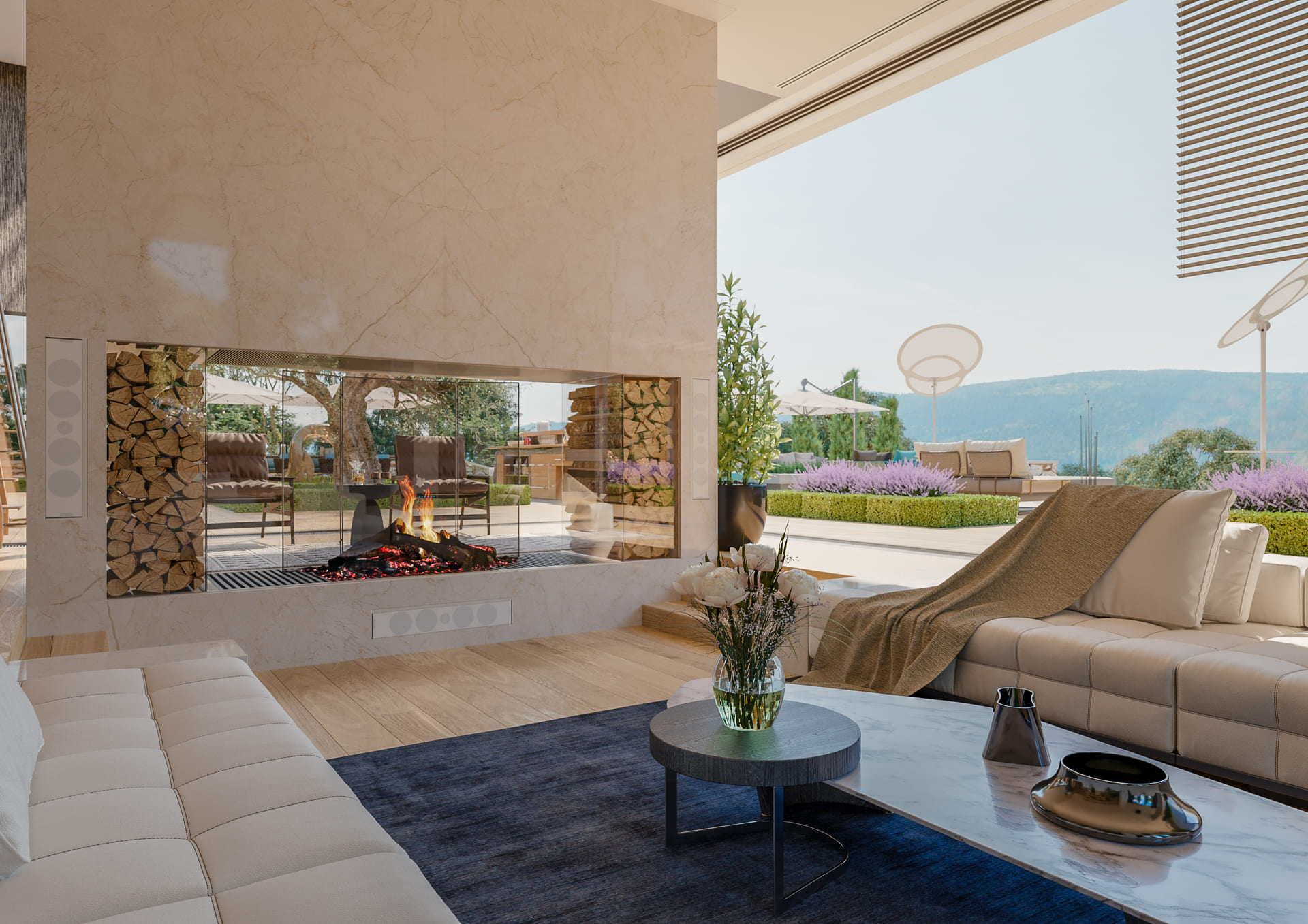 Salón de villa de lujo con chimenea y vistas al jardín